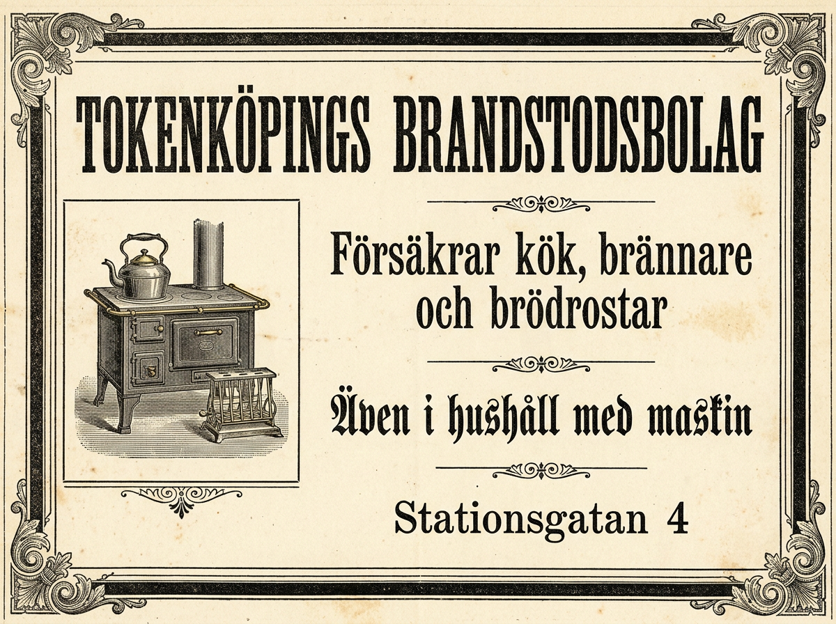 TOKENKÖPINGS BRANDSTODSBOLAG / Försäkrar kök, brännare och brödrostar / Även i hushåll med maskin / Stationsgatan 4